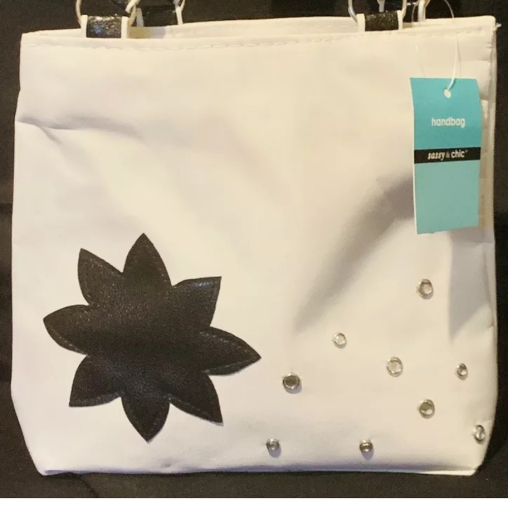 Black & White Small Tote Handbag Sassy & Chic Flower Jewels Purse Wedding
